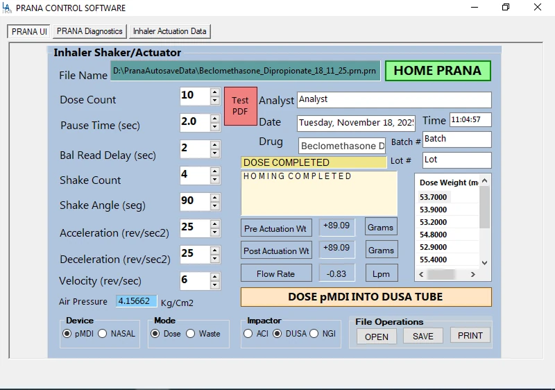 PRANA control software — inhaler shaker / actuator